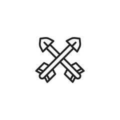 Black outline of two crossed arrows with pointed tips and fletched ends, forming a clean, symmetrical symbol of unity, defense, or battle on a white background.