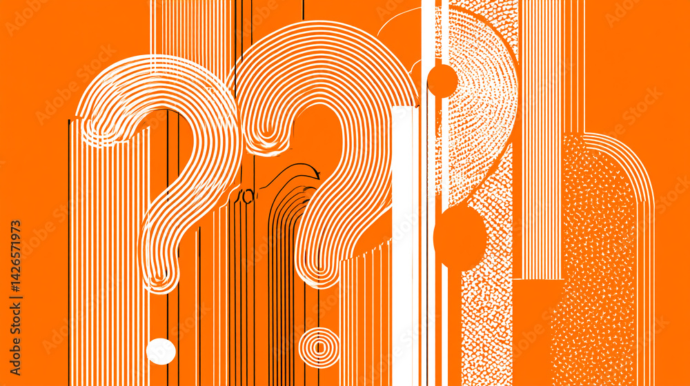 Poster Abstract orange and white graphic design featuring stylized question marks, lines, and textures creating a dynamic and inquisitive visual representation of thought processes or problem-solving