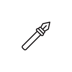 A simple line art illustration of a quill pen with a pointed tip and decorative bands on the shaft.