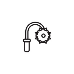 A line drawing of a flail, a medieval weapon with a spiked ball attached to a handle by a chain or flexible connector.