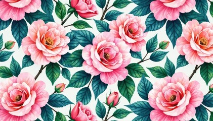 Fototapeta premium Delicate watercolor roses & leaves, repeating pattern, elegant, texture, floral textile