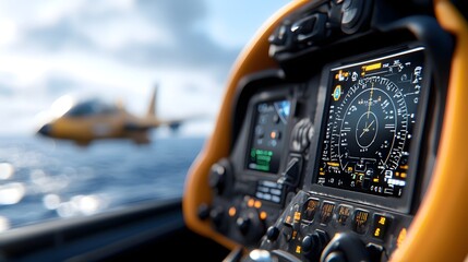 Inside the cockpit of an aircraft with various instrument panels and controls