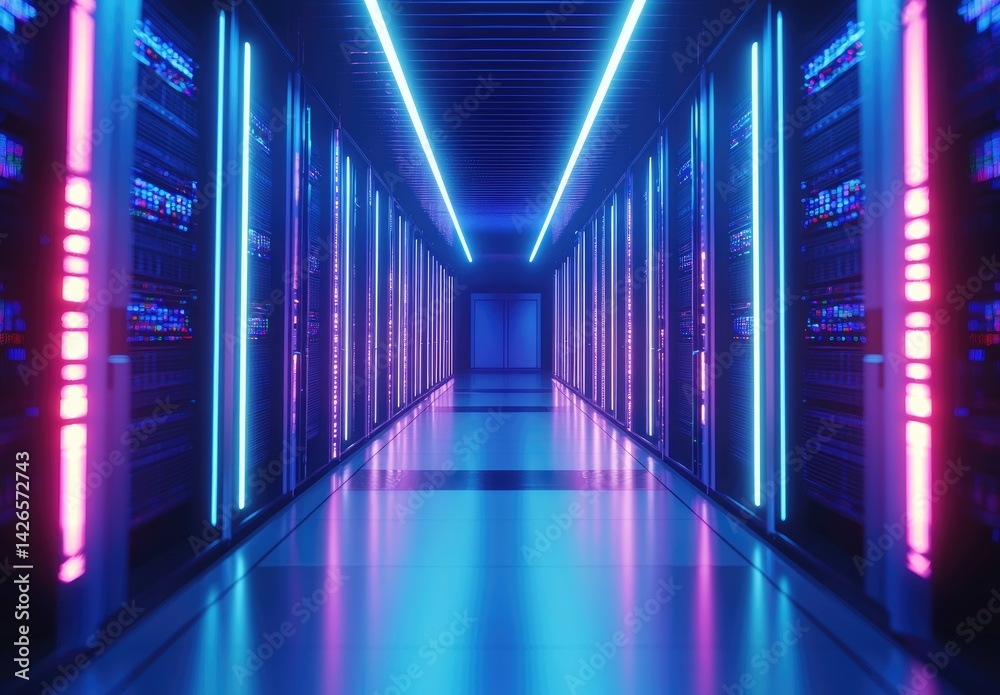 Aufkleber high-tech data center hallway with glowing blue and magenta neon lights reflecting off clean glossy 