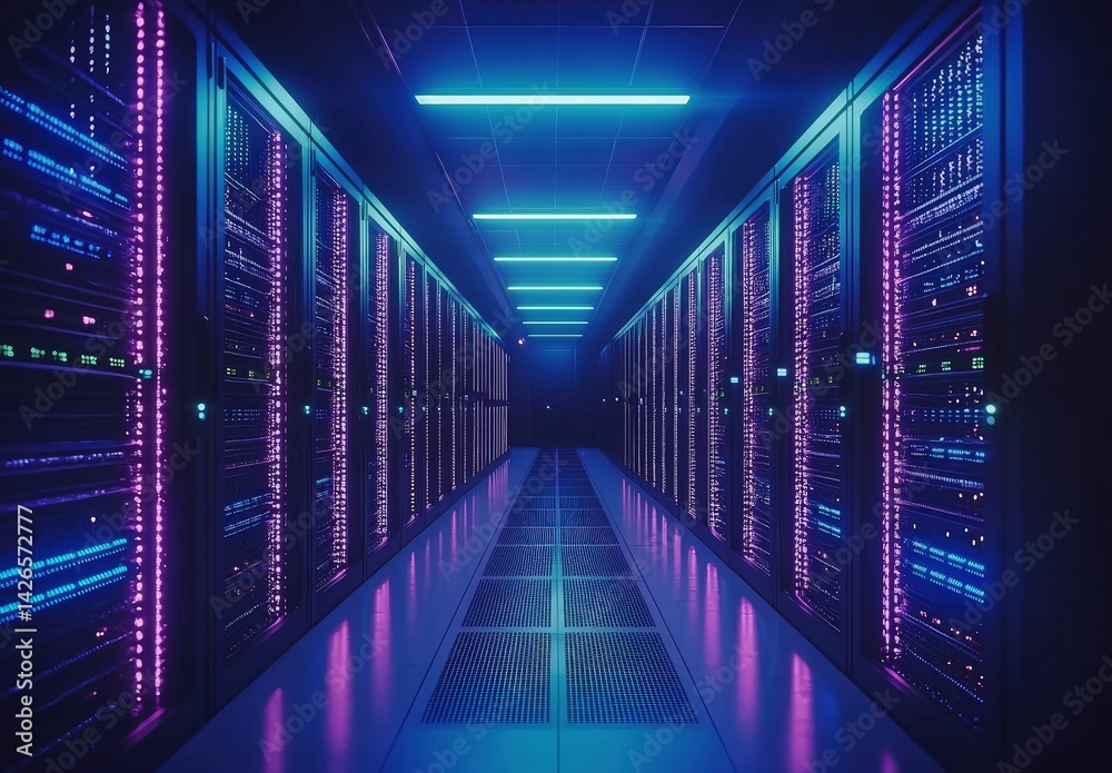 Poster futuristic data center corridor with glowing neon purple and blue server lights reflecting on polish
