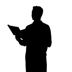 Silhouette of a person reading a book against a white background  