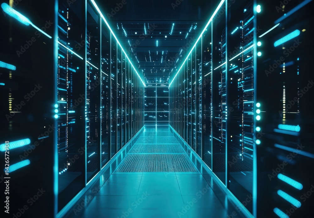 Poster Futuristic data center hallway with glowing blue lights and sleek mirrored surfaces. Ideal for use in cloud computing, digital infrastructure, and network technology visuals