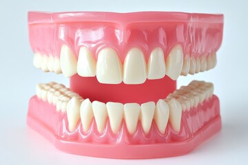 Obraz premium Oral care is conceptualized in a macro photograph that captures a toothbrush and teeth model in close-up detail on a light background