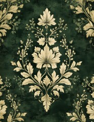 A detailed floral pattern in gold on a rich green background, showcasing intricate designs that evoke elegance and sophistication.