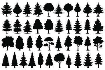 Even More Ultimate Tree collection, 100 detailed, different tree vectors. Evergreen forest firs and spruces black shapes, wild nature trees templates. Vector illustration woodland trees set.