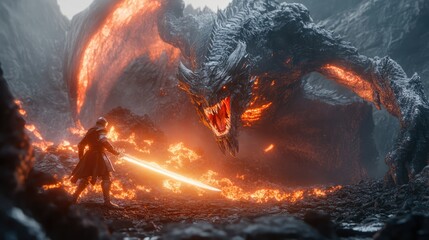 a close up of a dragon attacking a man with a sword