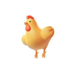 3D character of a flying, jumping chicken on a white background. For design concepts of advertising materials of poultry farming, farm, and village. Vector illustration.