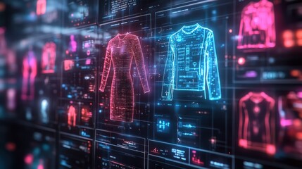 Digital fashion designs displayed on a futuristic screen