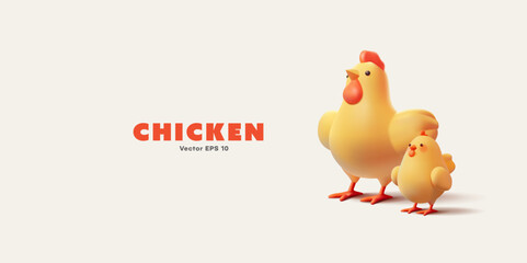3D character of a chicken and little chick standing on light background. For concepts of domestic farm birds, celebrations, fun, childhood, family. Vector illustration.