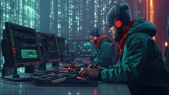 Tech Wizards At Work: Two tech-savvy individuals are immersed in the digital realm, their faces lit by the glow of monitors, typing furiously as they work at complex systems.