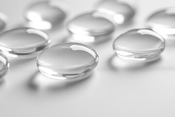 Clear, shiny gel beads rest on a white surface, casting subtle shadows. Use this image for representing purity, clarity, or a scientific concept.