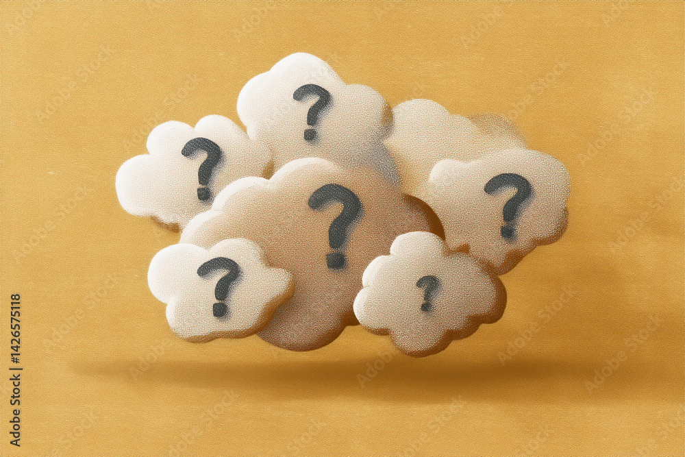 Poster Beige cloud-like shapes with question marks, on a yellow background, symbolizing uncertainty or the search for answers, suitable for website design or presentations