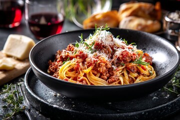 Spaghetti bolognese with parmesan.