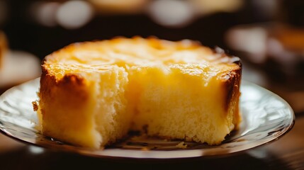 Close-up of a slice taken from a golden, creamy cake.