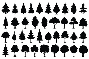 Even More Ultimate Tree collection, 100 detailed, different tree vectors. Evergreen forest firs and spruces black shapes, wild nature trees templates. Vector illustration woodland trees set.