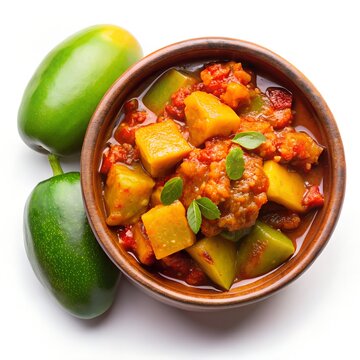 aam ka achaar in wood bowl with green mangoes on white background 