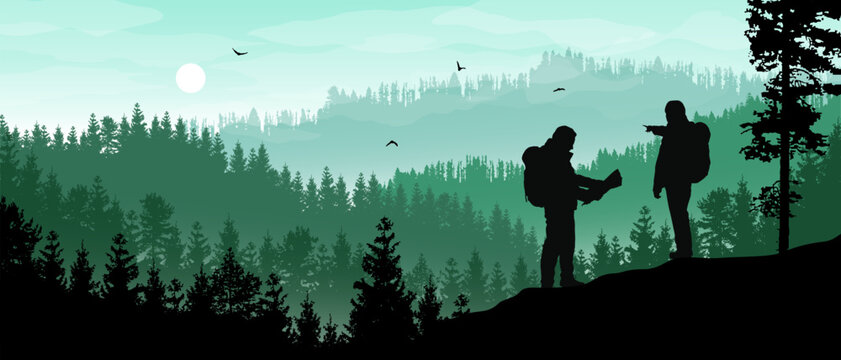 Beautiful realistic widescreen vector with green forested mountains and two hikers looking at view.