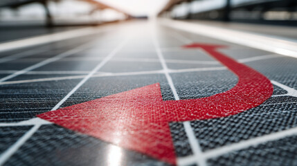 US solar cell tariff, solar cell installation features red arrow guiding us towards efficient energy use while considering
