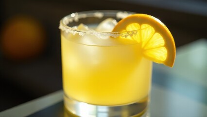 Bright yellow drink with ice, salt rim, and orange slice garnish. Refreshing citrus cocktail or mocktail, perfect for summer or happy hour.