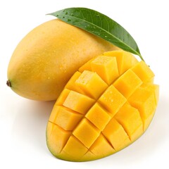 Fresh Ripe Mango Slices with Leaves on White Background