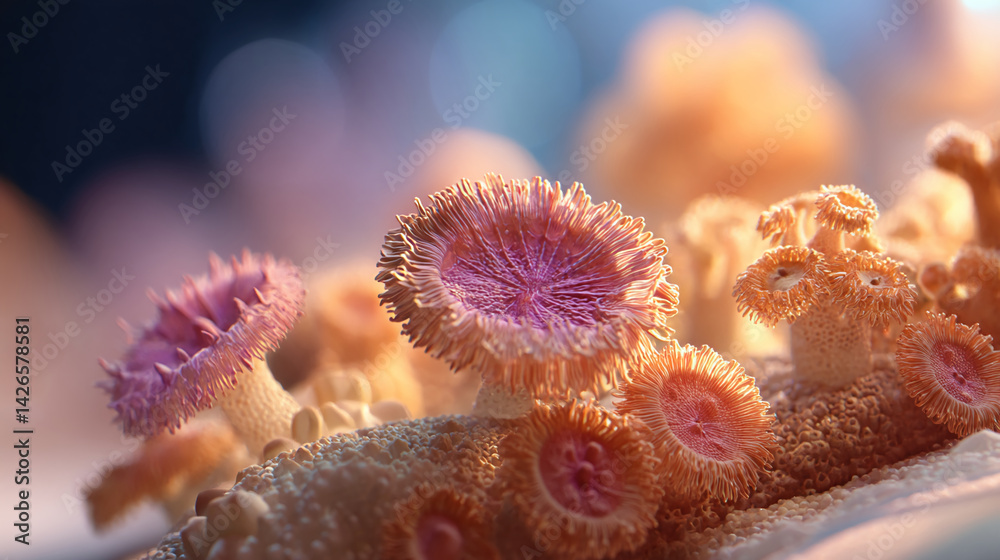 Poster close-up of coral-like structures with orange and pink hues, showcasing intricate textures and patte
