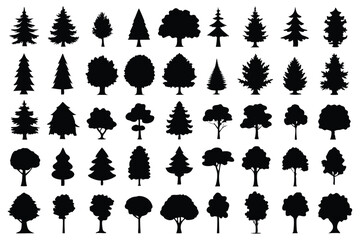 Even More Ultimate Tree collection, 100 detailed, different tree vectors. Evergreen forest firs and spruces black shapes, wild nature trees templates. Vector illustration woodland trees set.