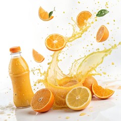 Fresh orange juice splash with slices of orange in a glass