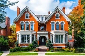 View of a large orange brick house with trees and blue sky above