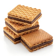 Stack of delicious brown cookies and wafers isolated on a white background