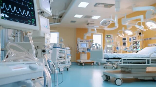Hospital Room Intensive Care Unit: Modern hospital room with advanced medical equipment, including monitors, ventilators, and beds. Clean, sterile environment.