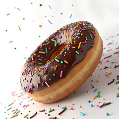 Chocolate and sprinkled donuts on white background
