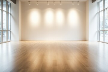 Obraz premium Empty Modern Gallery Interior with Wooden Floors and Bright Lighting