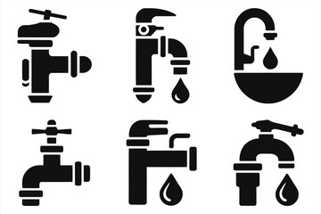   Collection of (Plumbing Icon) Black and White Water Faucets and Pipes