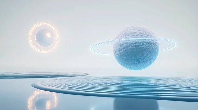Futuristic Sci-Fi 3D Render of Floating Orb with Triple Light Rings - Blue Gradient Background and Egg-Shaped Water Ripple Digital Art