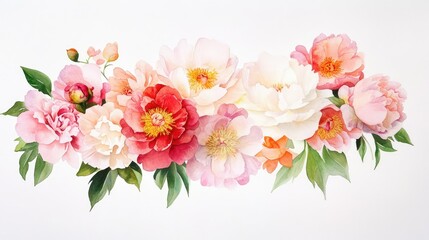 Peony flower arrangement in watercolor, blending warm pinks and peaches with cool pastels in a graceful cluster