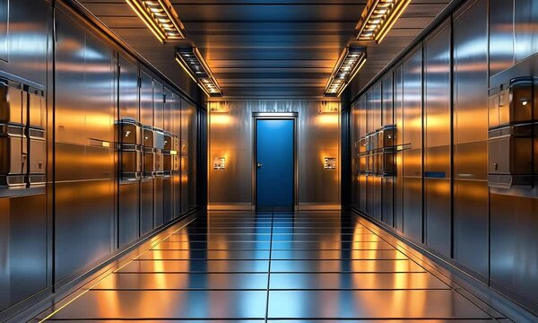 n elevator with stainless steel walls and floor, with LED lights on the ceiling illuminating it. A blue door is visible at one end of the corridor. The walls have shelves filled with metal boxes conta