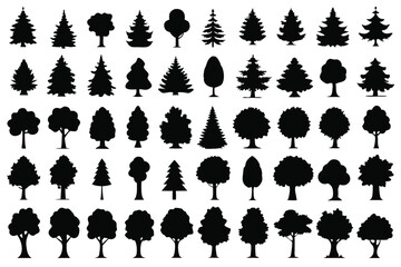 Even More Ultimate Tree collection, 100 detailed, different tree vectors. Evergreen forest firs and spruces black shapes, wild nature trees templates. Vector illustration woodland trees set.