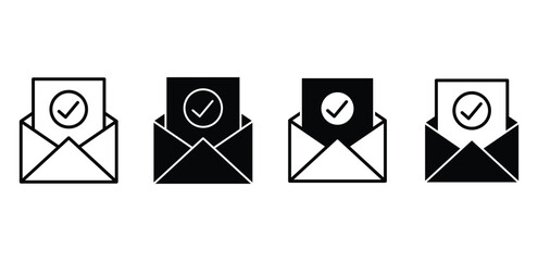 Verified Email Icon Set Black and White Envelope Illustrations with Check Marks Vector Design