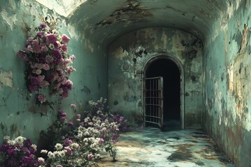 An old, abandoned prison with worn-down walls, crumbling tiles, and a mysterious atmosphere. Lush flowers grow near the entrance, adding an eerie contrast to the decaying building.