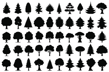 Even More Ultimate Tree collection, 100 detailed, different tree vectors. Evergreen forest firs and spruces black shapes, wild nature trees templates. Vector illustration woodland trees set.