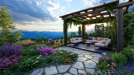 Rewilded rooftop patio with native plants, stone pathways, and natural wood seating under the sky