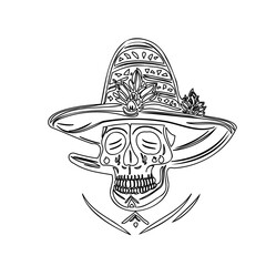Elegant Skull in Hat, Black Line Art Sketch