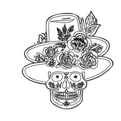 Day of the Dead Skull with Hat and Flowers