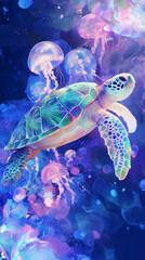 Obraz premium Illustration of a sea turtle swimming gracefully through a group of jellyfish, rendered in calming blue tones. The image evokes a peaceful underwater atmosphere.