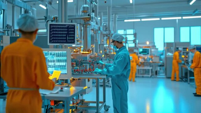 Factory Precision: High-tech factory workers diligently monitor intricate machinery in a futuristic, clean environment. The scene buzzes with an atmosphere of innovation.