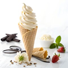 Vanilla and fruit ice cream dessert with sweet and creamy toppings on a plate